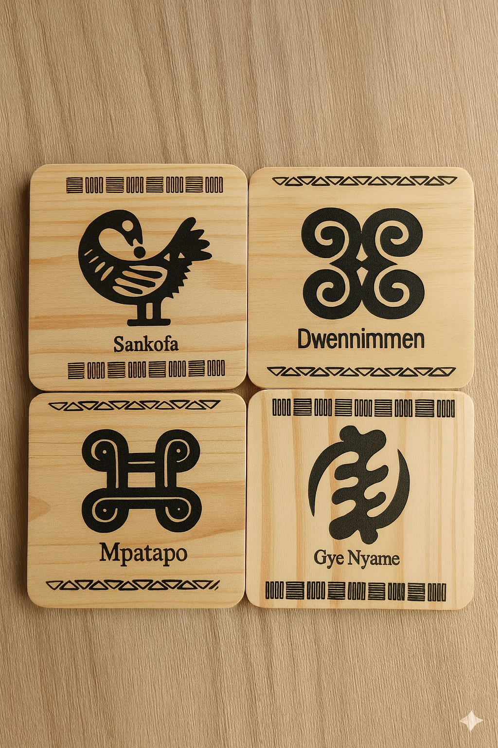 Adinkra West African Symbols - 4 set wooden drink coasters