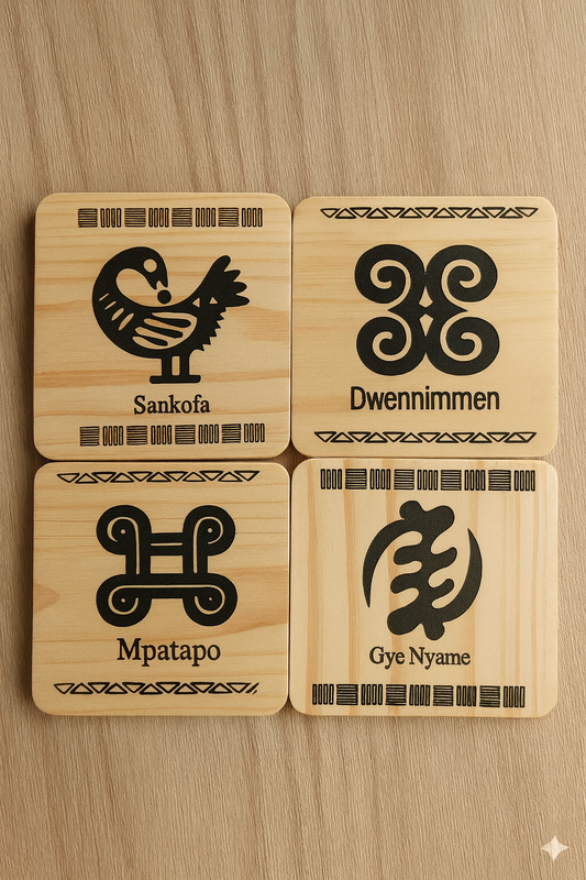 Adinkra West African Symbols - 4 set wooden drink coasters