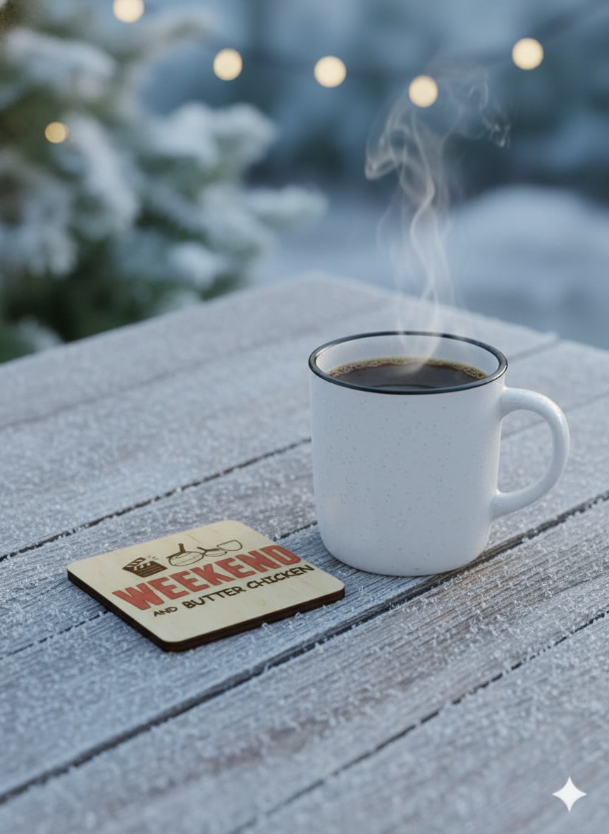 Weekend and Butter Chicken - 4 set wooden drink coasters