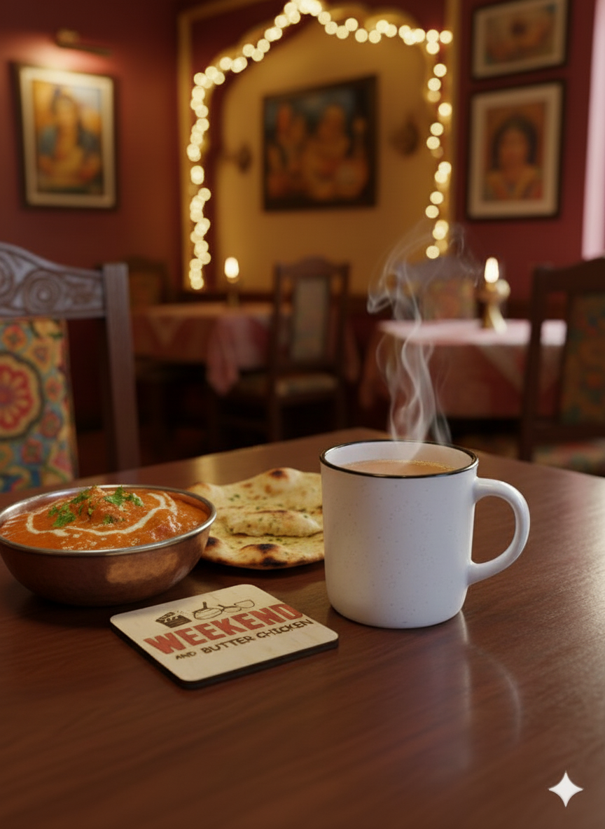 Weekend and Butter Chicken - 4 set wooden drink coasters