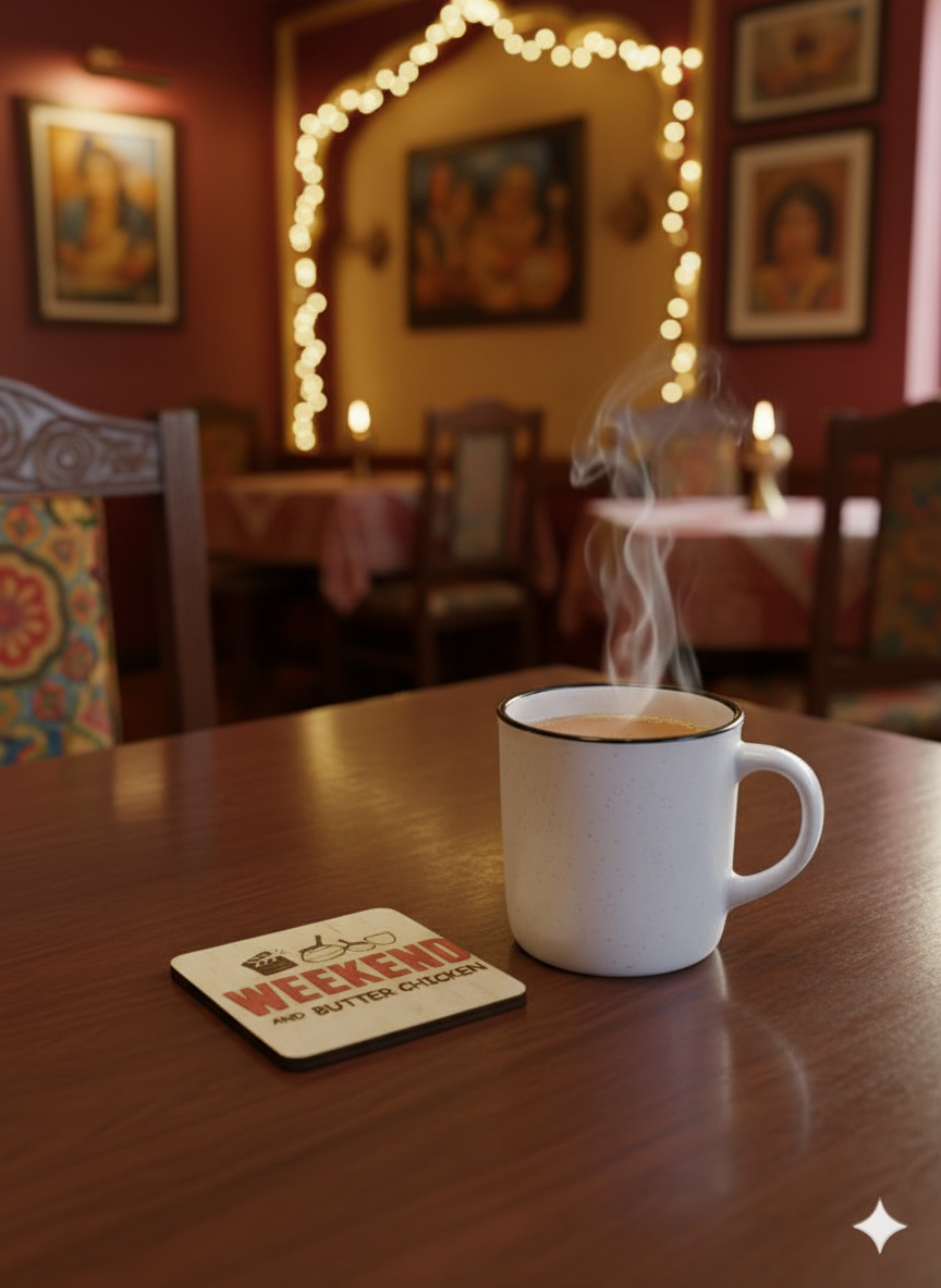 Weekend and Butter Chicken - 4 set wooden drink coasters