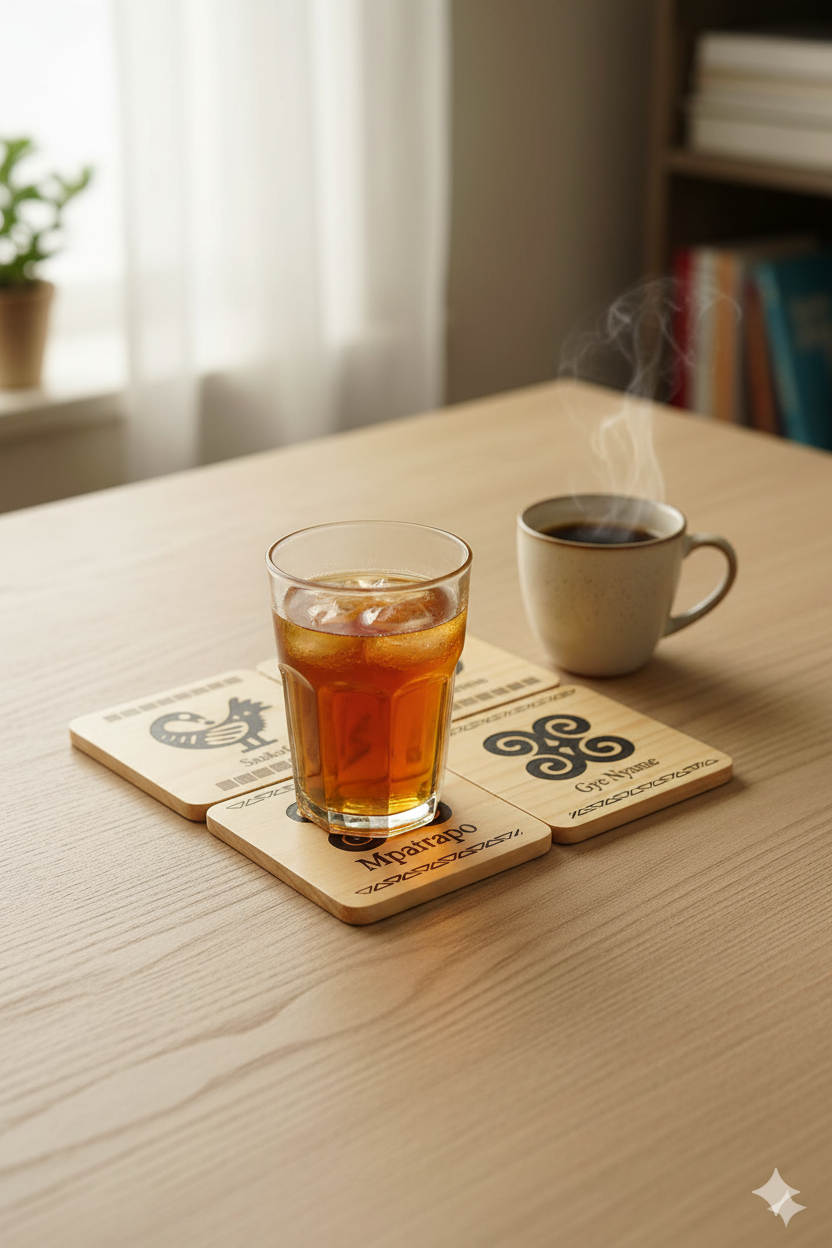 Adinkra West African Symbols - 4 set wooden drink coasters