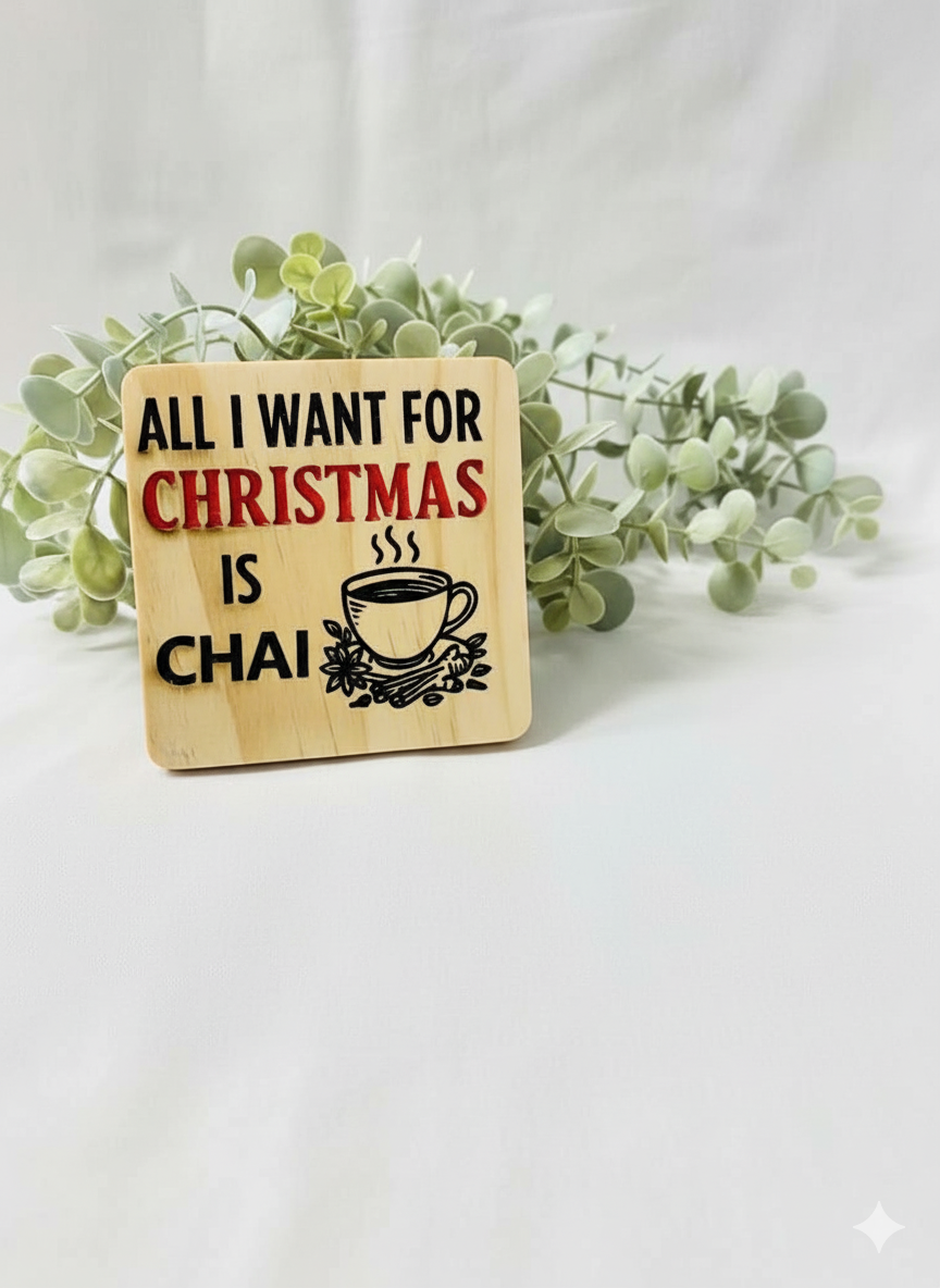 All I want for Christmas is Chai - 4 Set Wooden Coaster